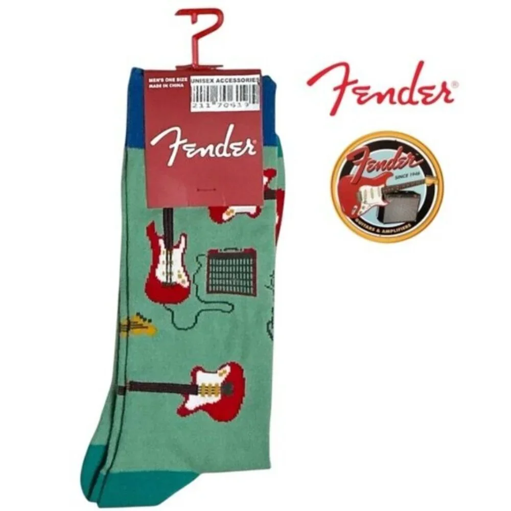 Fender Guitar Crew Socks Novelty Print Seafoam Green Blue Red Unisex Mens 7-12